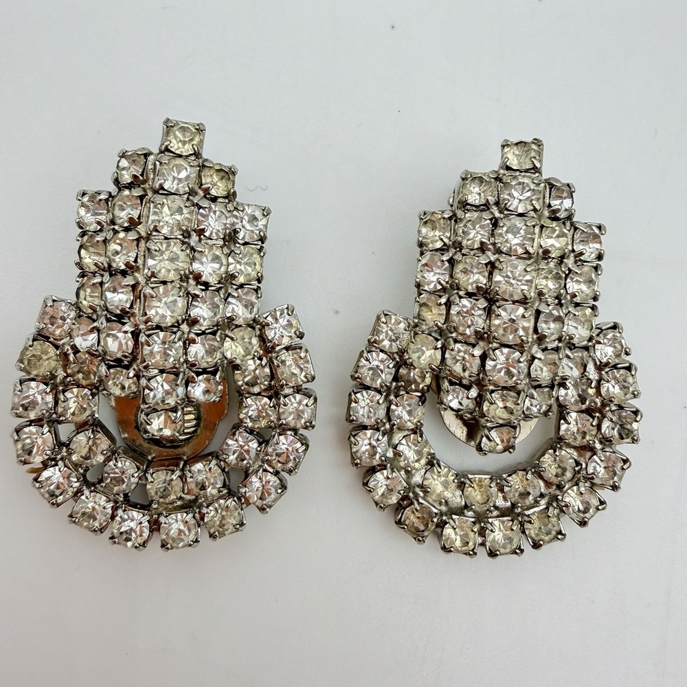 Vintage Rhinestones Earrings Art Deco Style Statement 60s Estate